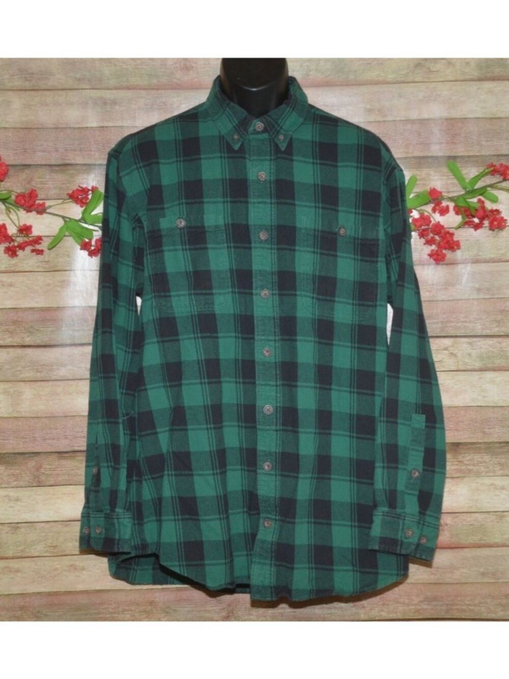 Duluth Trading Mens LT Large Tall Green Plaid Flannel Shirt Button Up Workwear